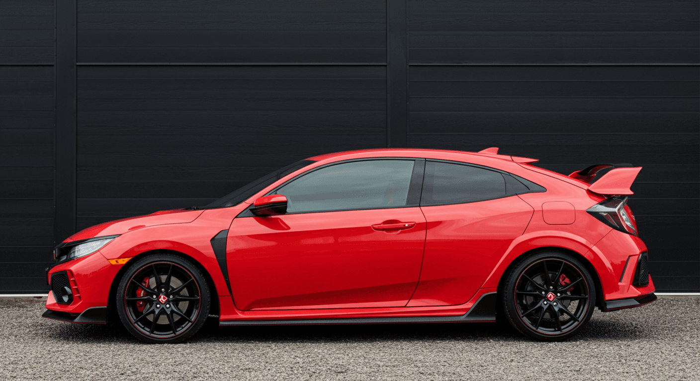 An Audi A3 parked infront of an industrial black building.