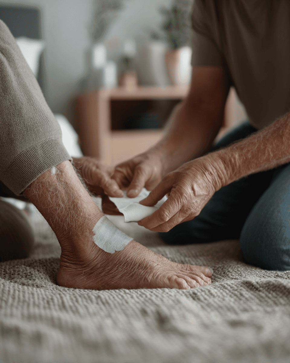 Versorgung einer Wunde am Fußgelenk in häuslicher Umgebung – SilentAngels® professionelles Wundmanagement und Pflege.