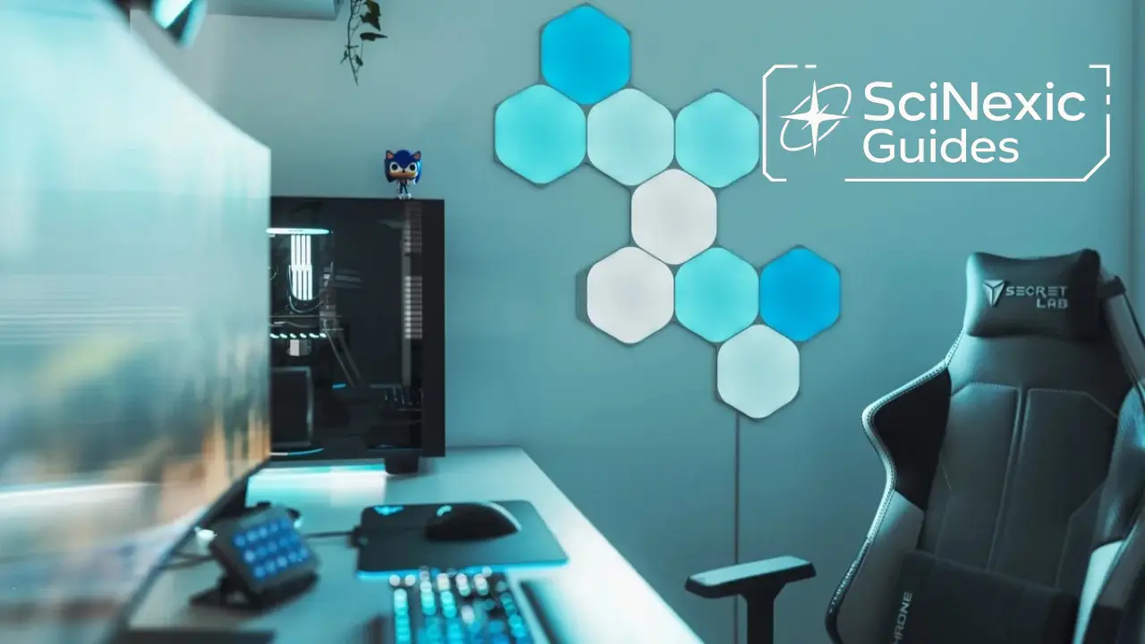Modern gaming setup featuring an ergonomic black gaming chair, a sleek desktop computer with RGB lighting, hexagonal blue and white LED wall panels, and "SciNexic Guides" displayed on the wall.
