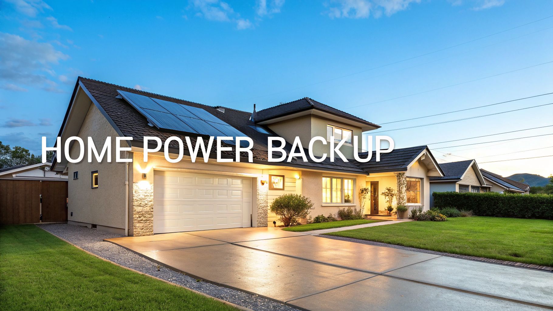 'home power backup' with a well lit home in the background during sunset