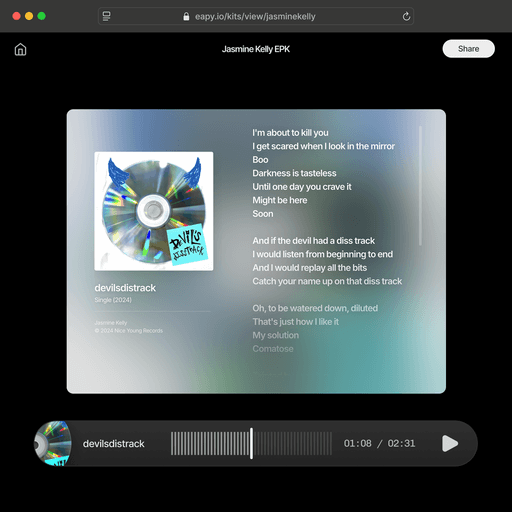 Jasmine Kelly's music showcase with album cover, song titles, lyrics, and songwriting credits on her artist profile page