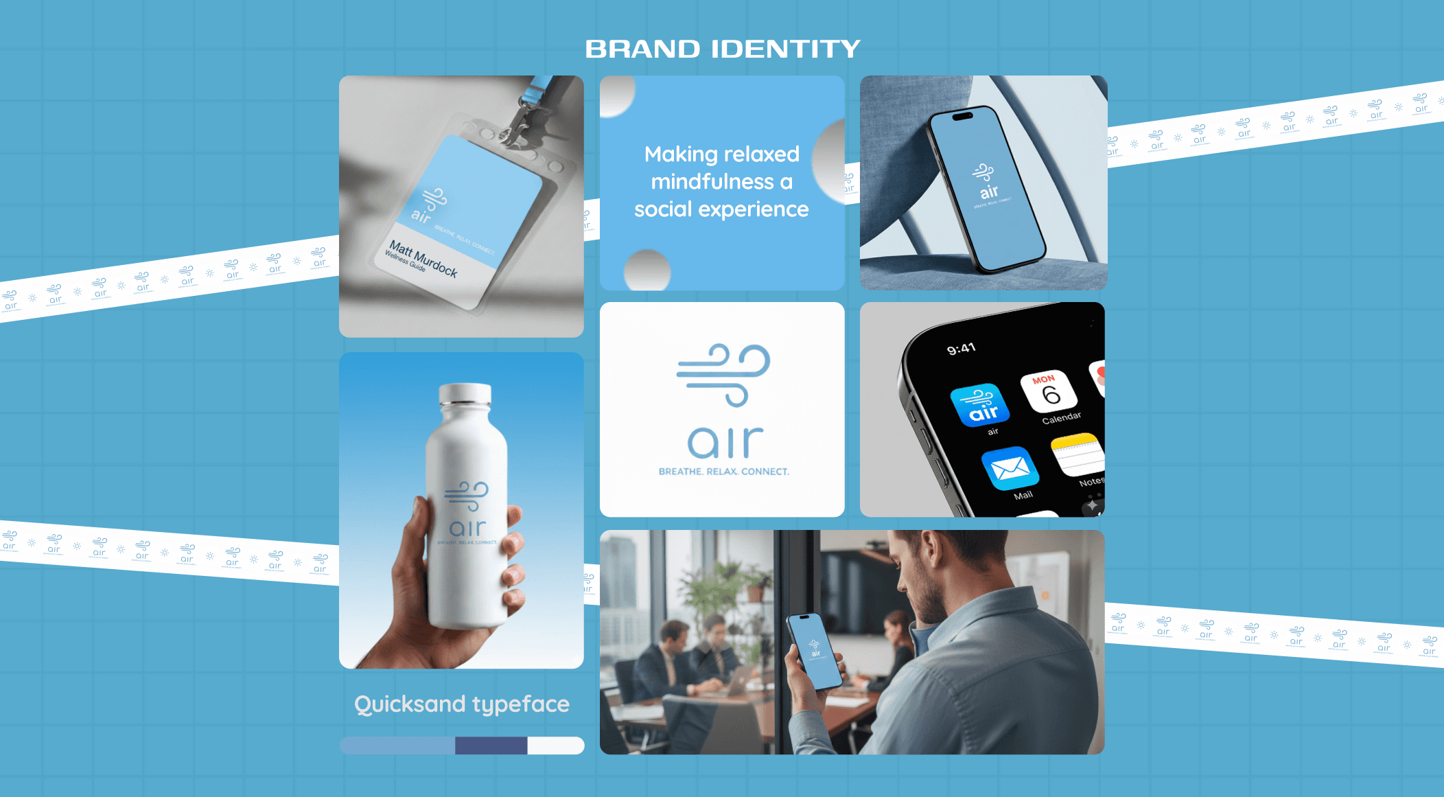 Brand Identity of air app is based on sky blue and white color theme and minimal font style to convey the nature and gentle breeze feeling