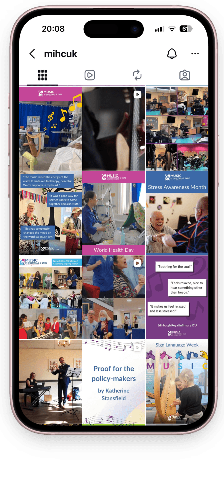 Phone with a screenshot of the MIHC Instagram page.
