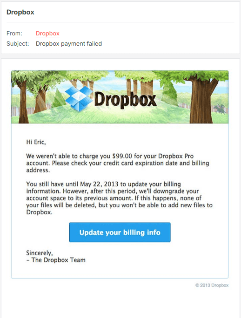 Payment Failure Notification.png – A Dropbox email notifying the user of a failed payment and prompting them to update billing info.