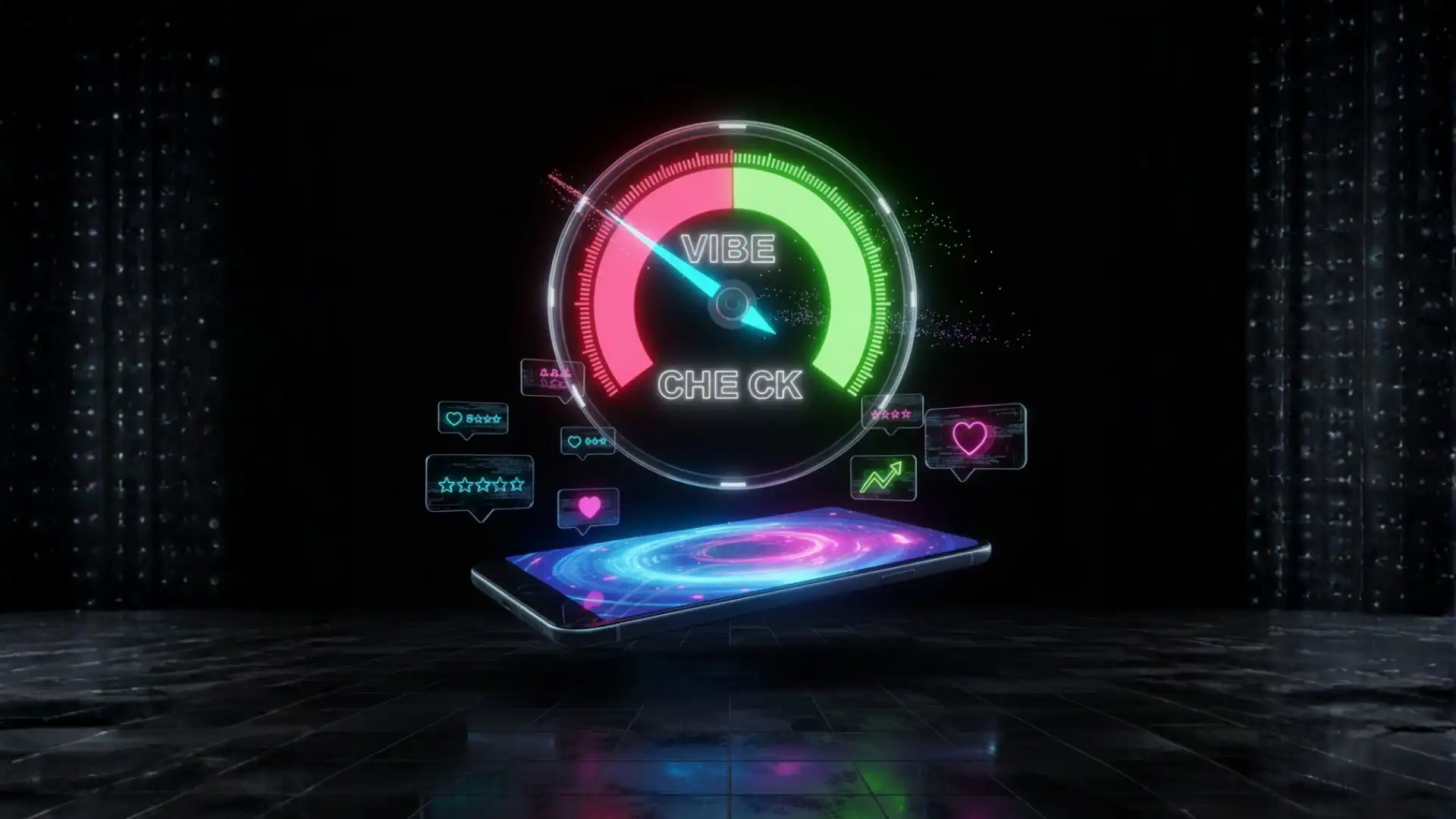 Neon Vibe Check gauge on a smartphone representing TikTok Shop customer sentiment analysis and performance metrics.
