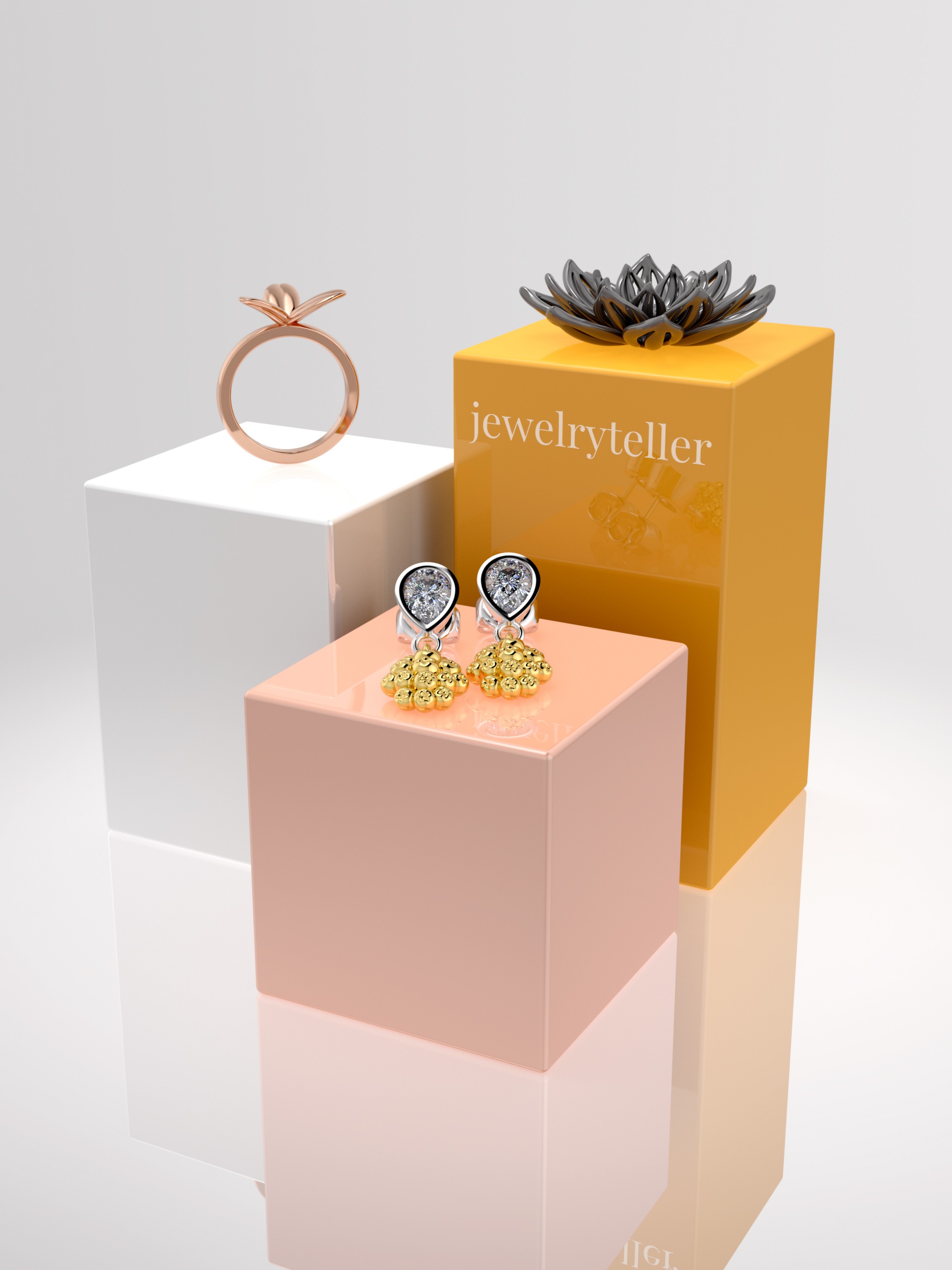 Earrings, design ring and dark flower in silver.