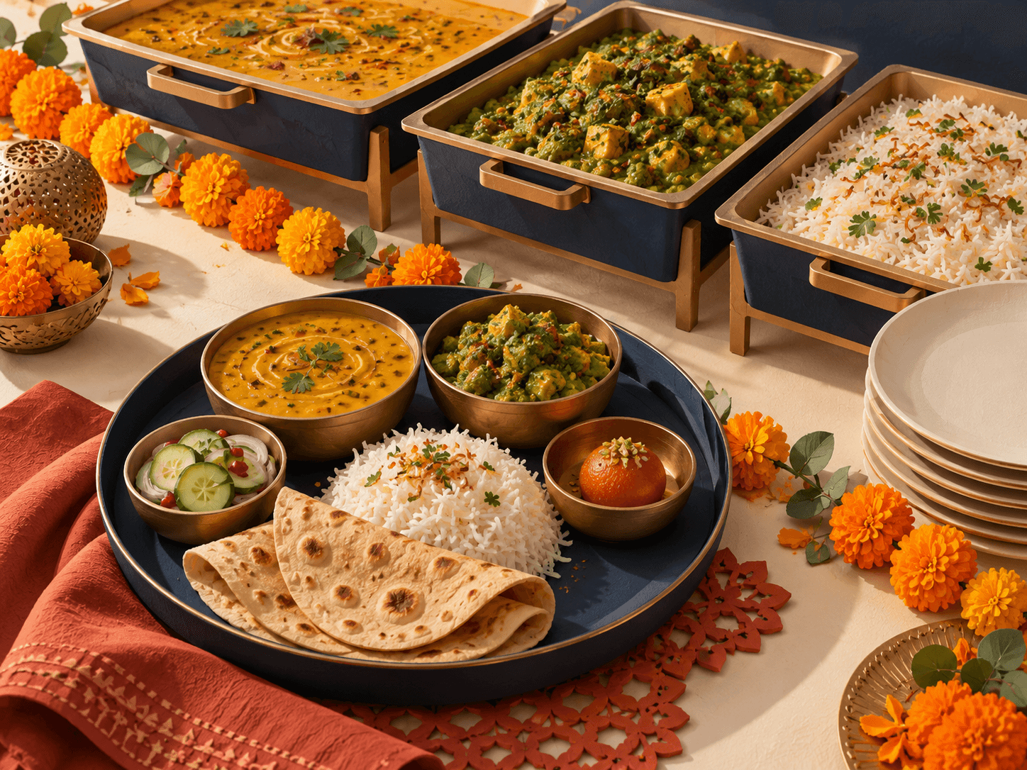 Illustration of a festive meal plate beside buffet trays, marigolds and Indian breads