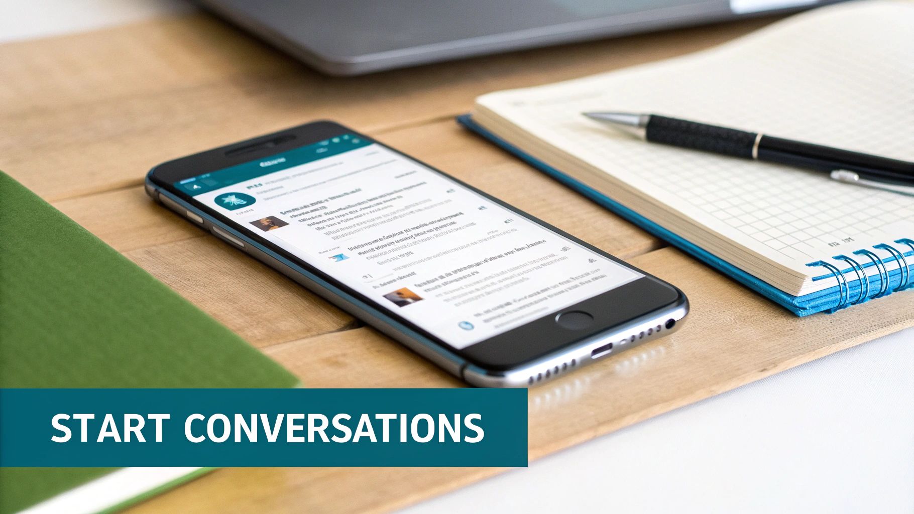 Overhead view of a smartphone displaying a social feed, with notebooks, a pen, and laptop on a wooden desk.