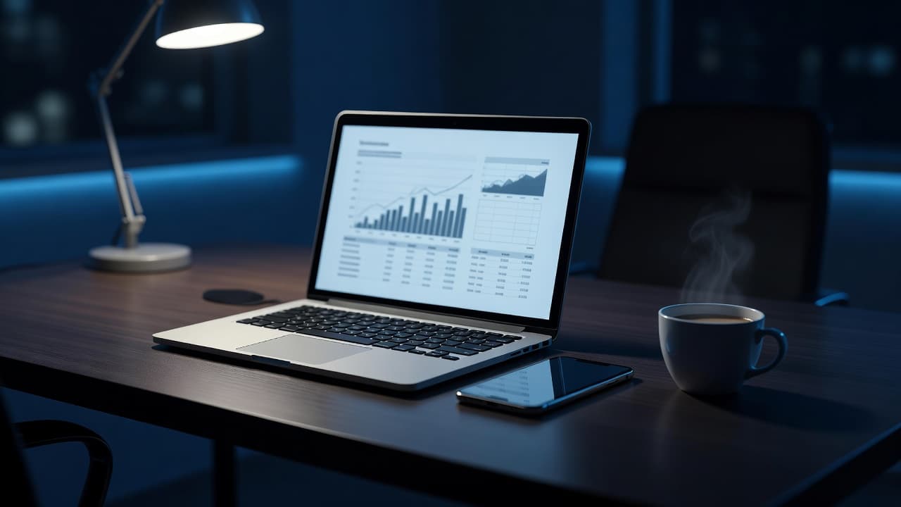 A sleek dark desk features an open laptop displaying blurred charts, a mobile phone, and a steaming coffee mug. Dramatic blue ambient lighting emphasizes a somber atmosphere of unclosed business deals.