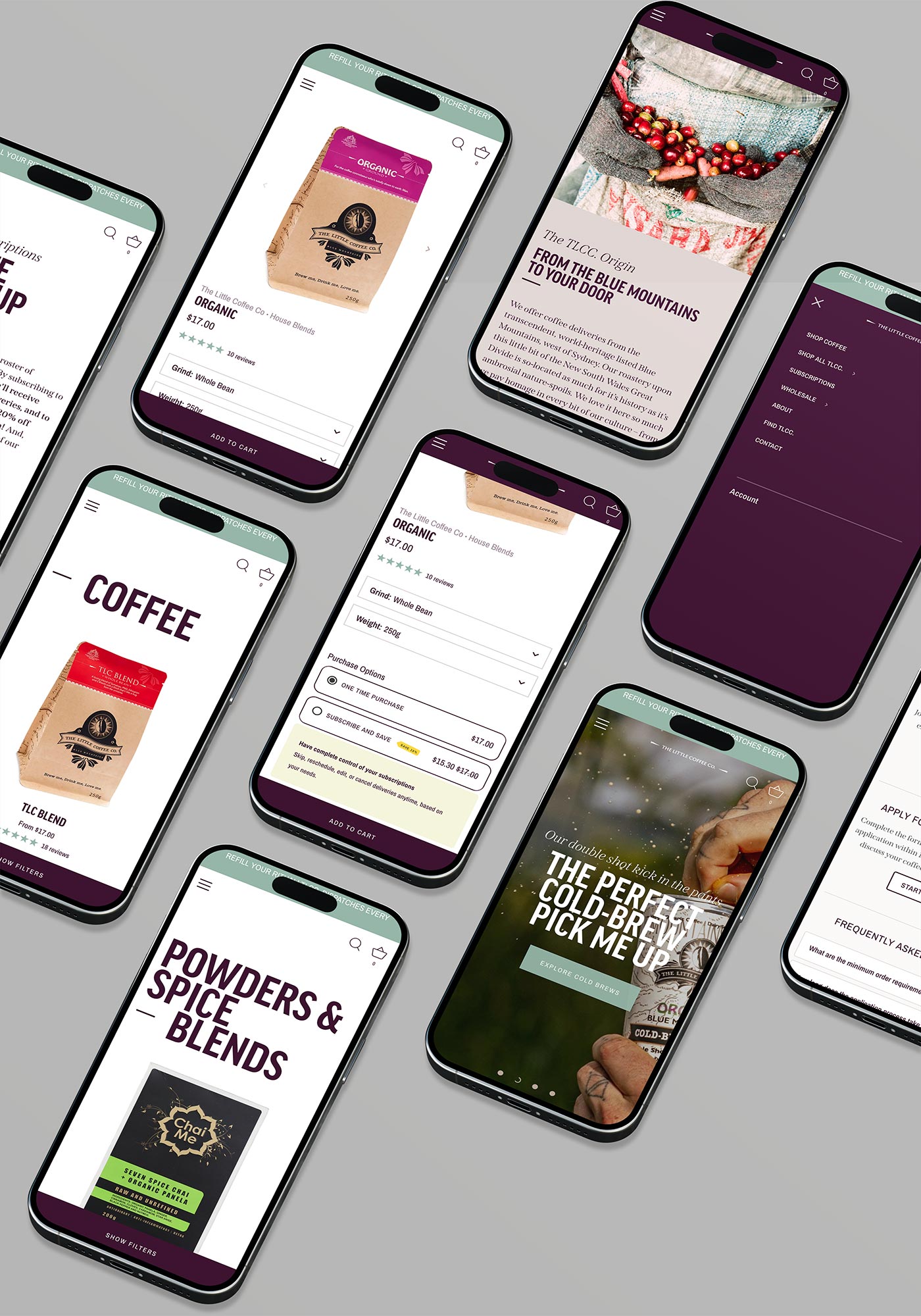 The Little Coffee Co. Shopify website pages featuring responsive design, TLCC brand colours and fonts.