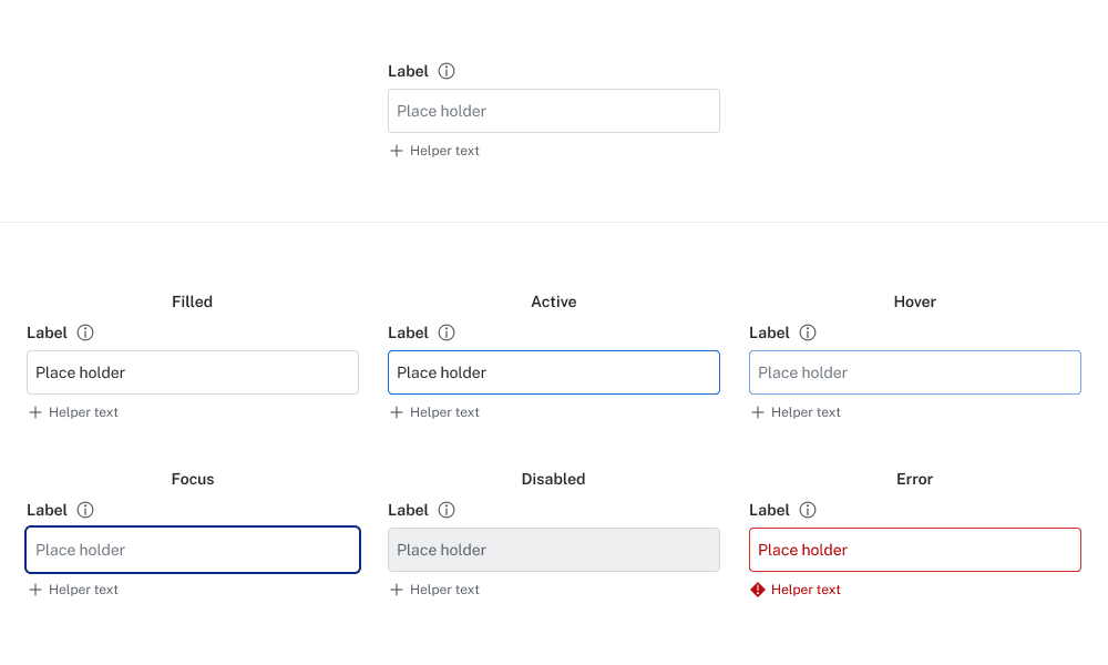 Estilo definido de campo de texto, incluindo estados como hover, ativo, foco, desativado e erro.