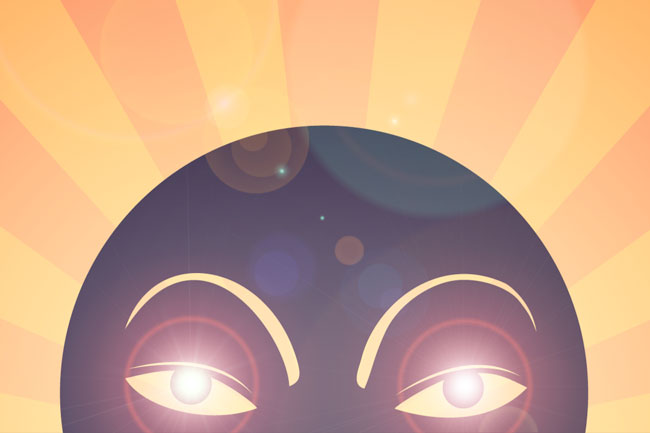 The image depicts a stylized face with large, white eyes looking directly forward. The face is centered within a circular shape with a dark purple or indigo background. Radiating outward from the circle are yellow and orange stripes, creating a sunburst effect behind the face. Two small white dots are visible on the forehead, and a small white dot appears near the right eye. The overall design has a stylized, graphic quality, with soft, glowing highlights around the eyes and face.