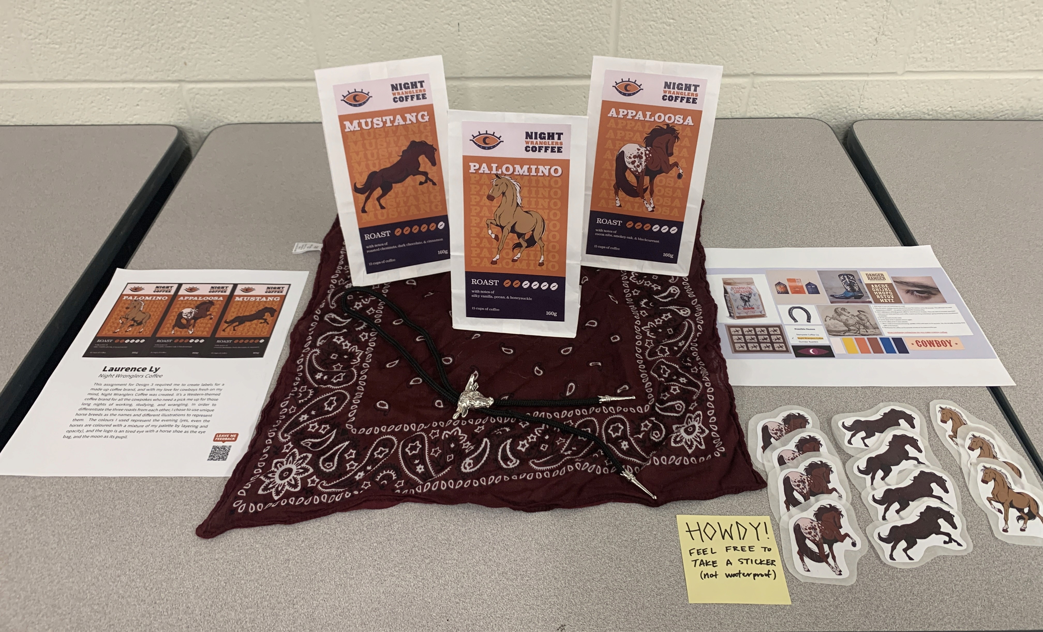 Showcase of physical coffee bag mockups for Night Wranglers Coffee