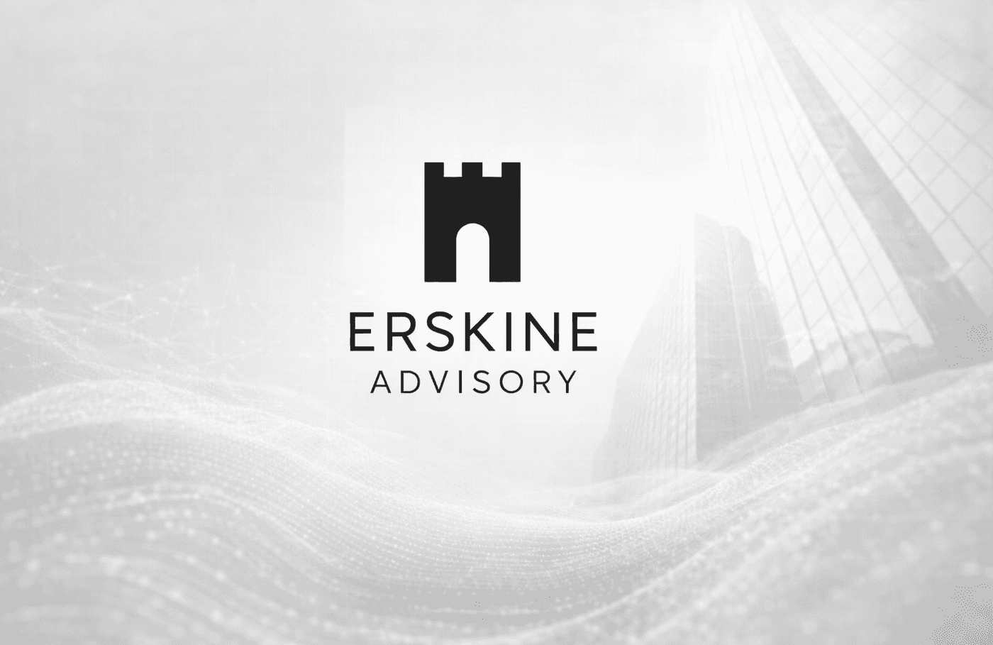 Erskine Advisory logo over a digital wave and office building