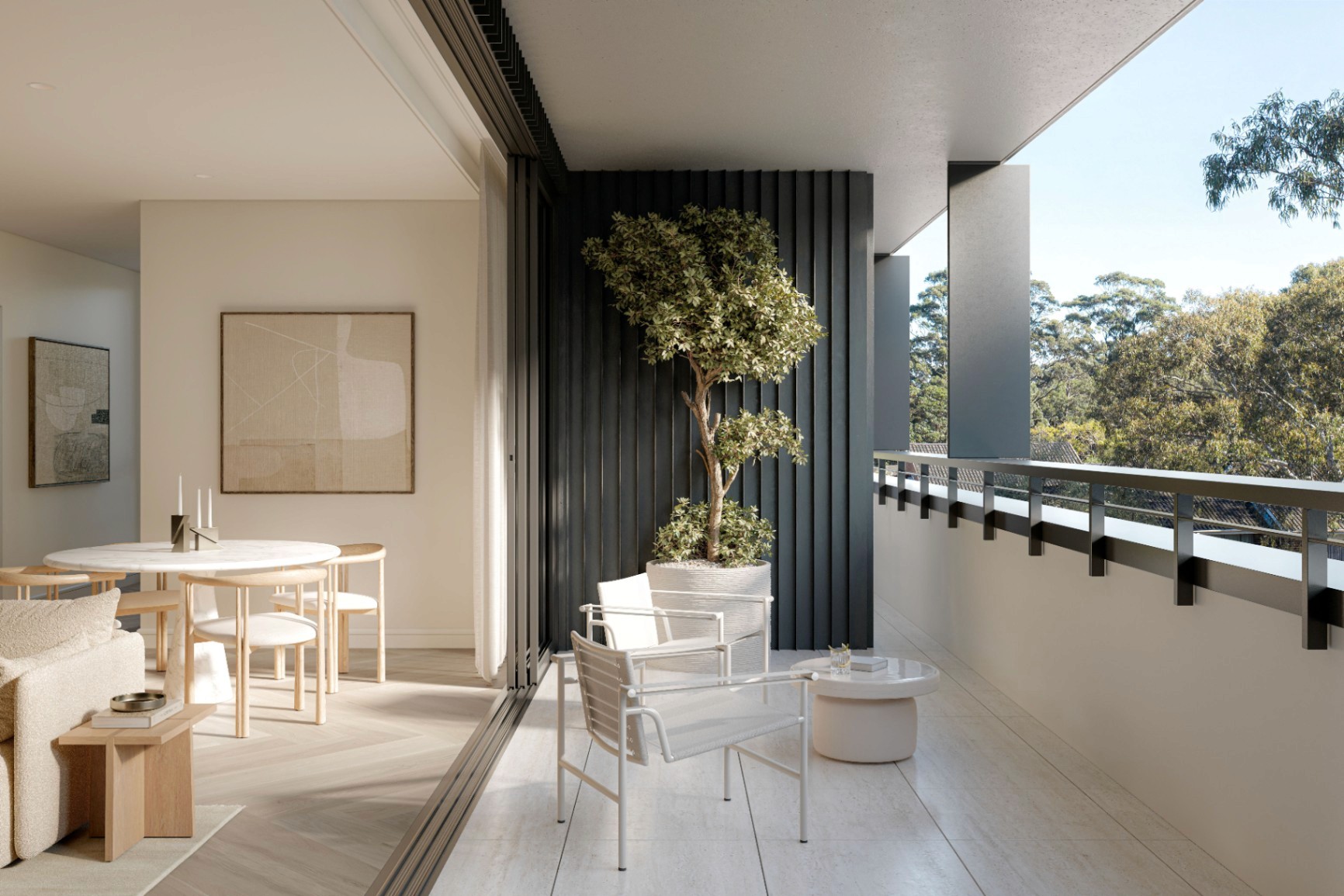 Fletcher House Artarmon apartment balcony with seamless indoor-outdoor living, modern finishes and natural light, secured with a $10k Coposit deposit.