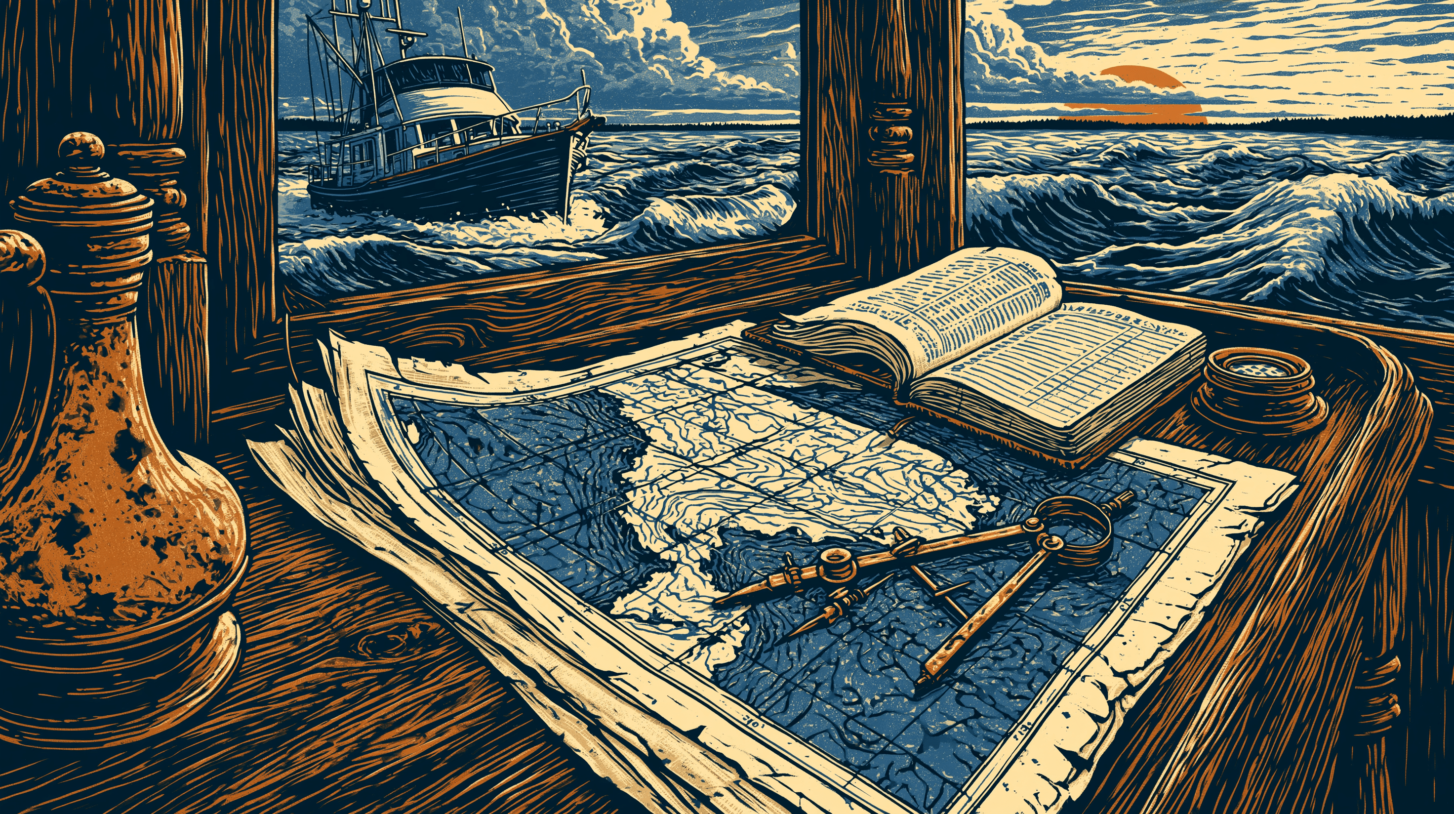 Navigational charts on a yacht