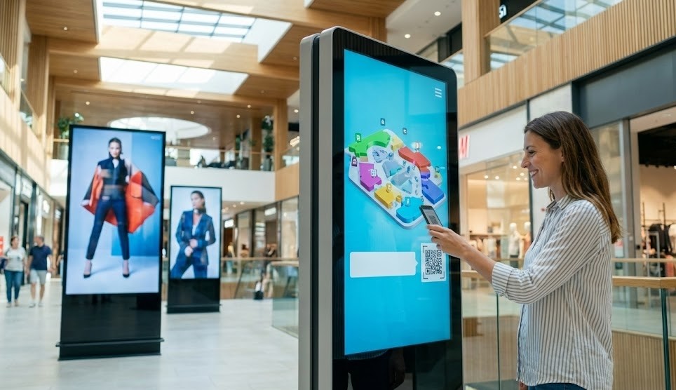 Uma mulher sorridente interage com um grande quiosque digital num centro comercial moderno e luminoso. Ela usa o seu smartphone para ler um código QR no ecrã, que exibe um mapa do centro. No fundo, outros ecrãs digitais mostram anúncios de moda.