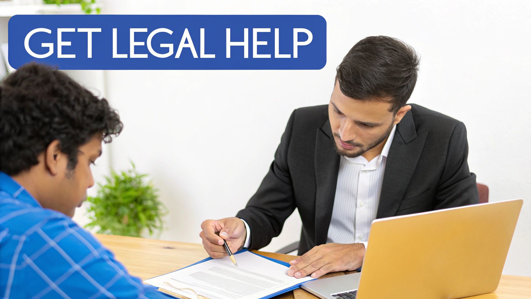 A lawyer in a suit points to a document, explaining it to a client. 'GET LEGAL HELP' banner.