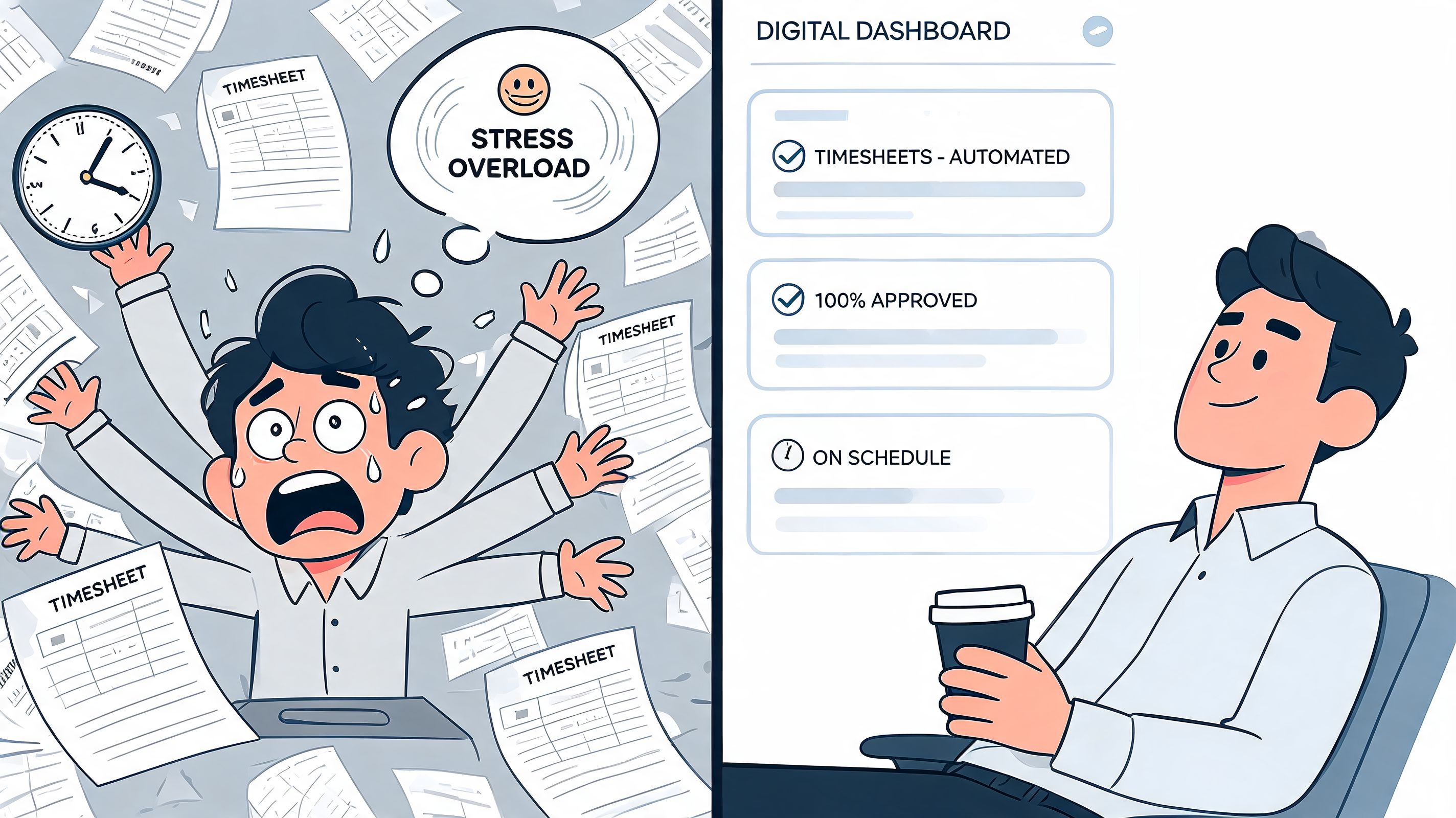 A split screen comparing a stressed employee drowning in paper timesheets to a calm employee using software.