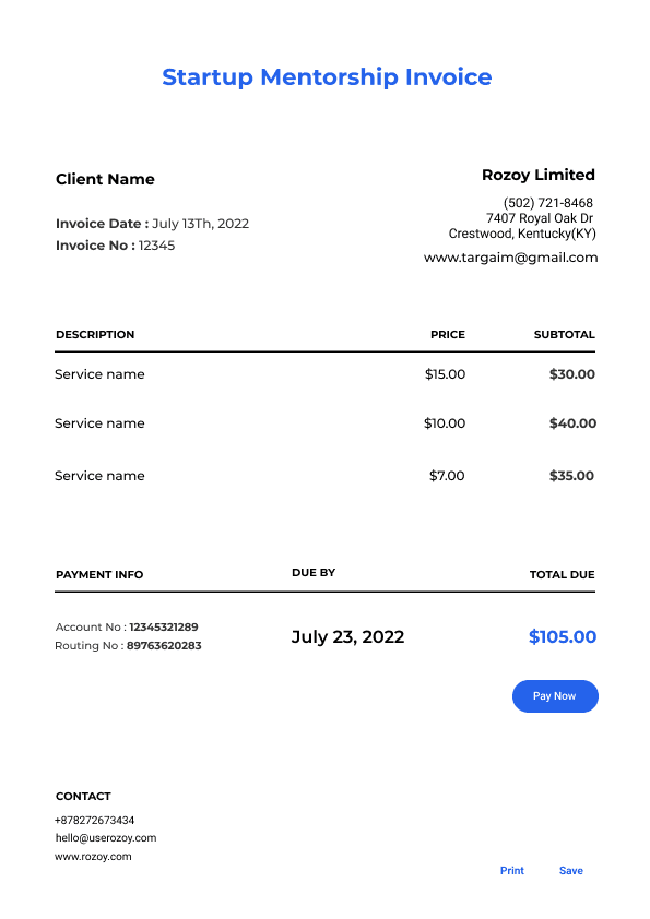 Startup Mentorship Invoice