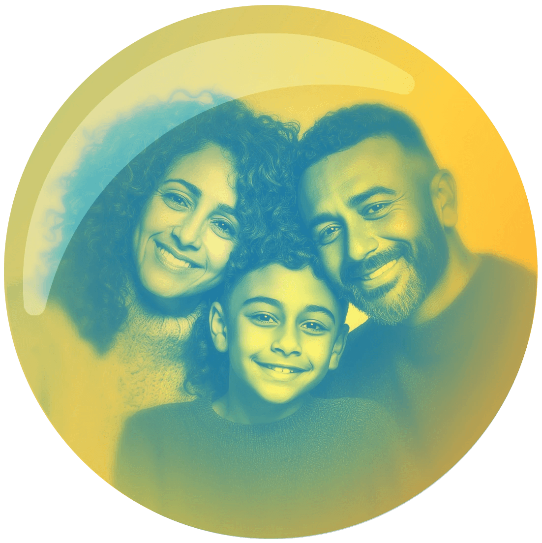 A happy family portrait featuring two adults and a child, smiling against a colorful background.