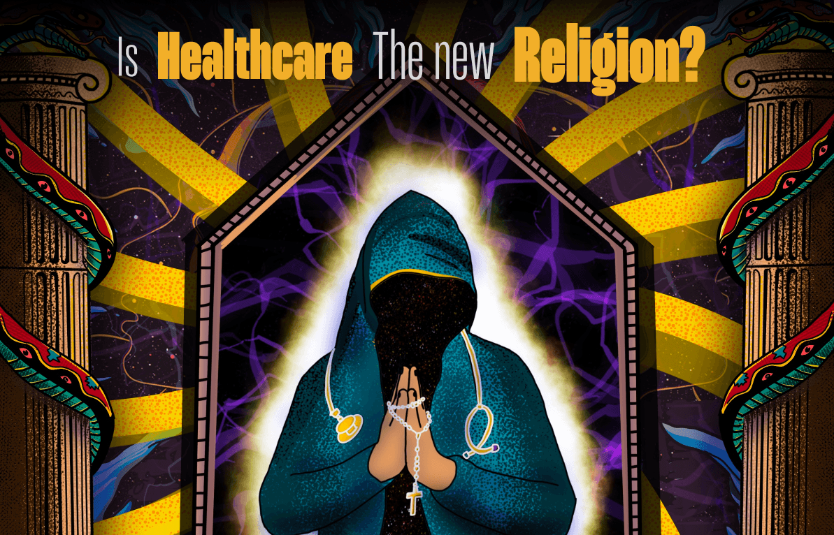 An illustration of a hooded figure with hands together in a prayer 