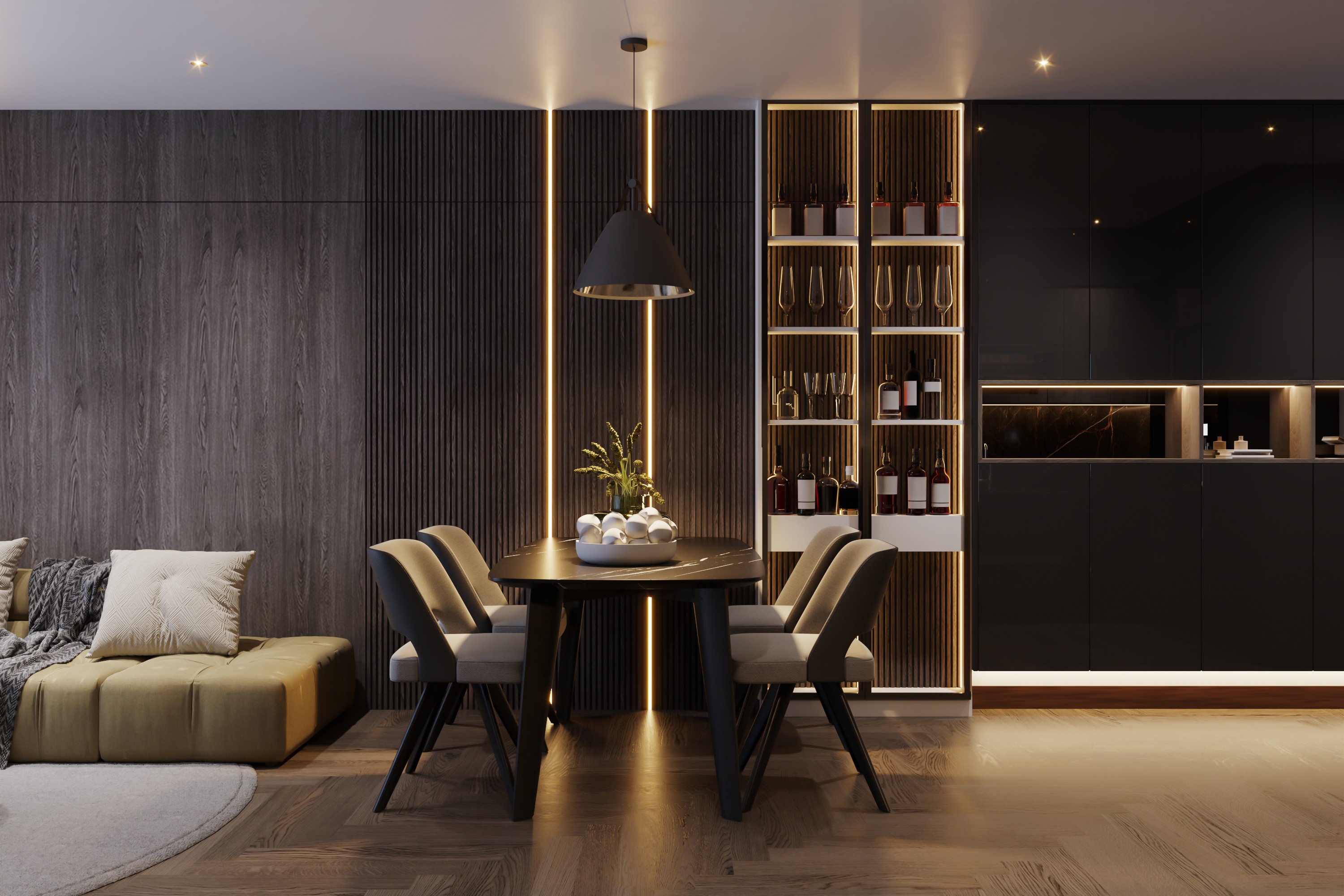 Modern dining room featuring a sleek black table, upholstered chairs, and warm ambient vertical wall lighting.