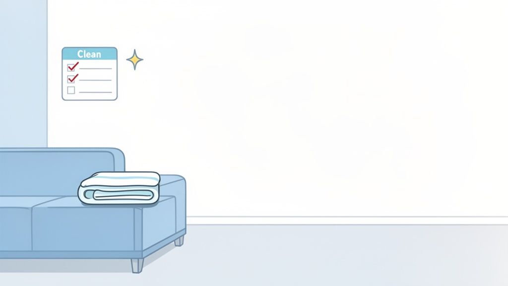 An illustration of a tidy room with a blue couch, a folded blanket, and a 