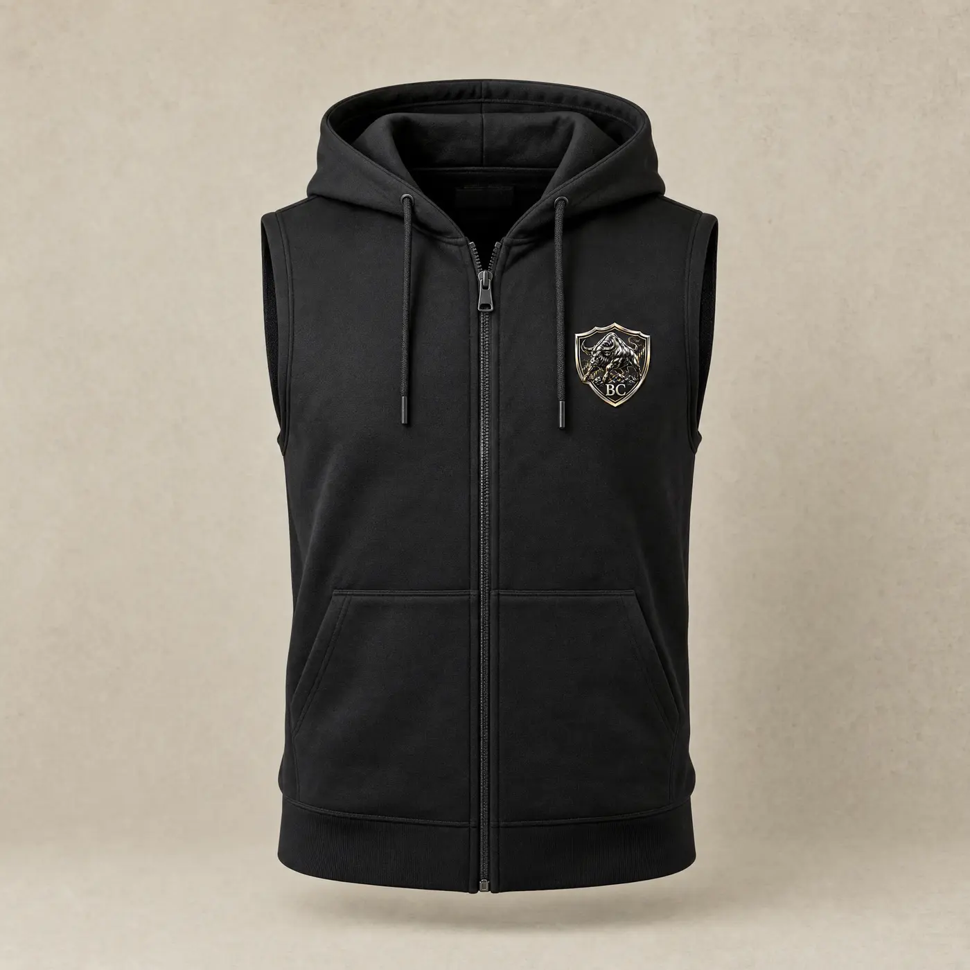 Black Crest Sleeveless Zip Hoodie