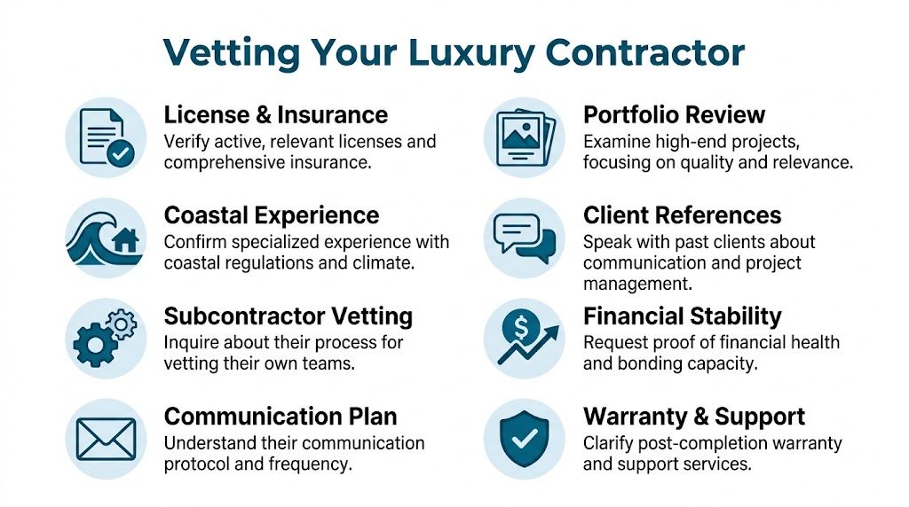 A checklist infographic titled Vetting Your Luxury Contractor, listing eight essential criteria for hiring high-end construction professionals.