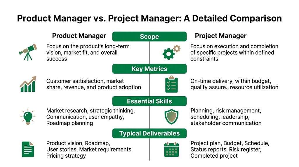 A comparison chart outlining the key differences between a product manager and a project manager role.