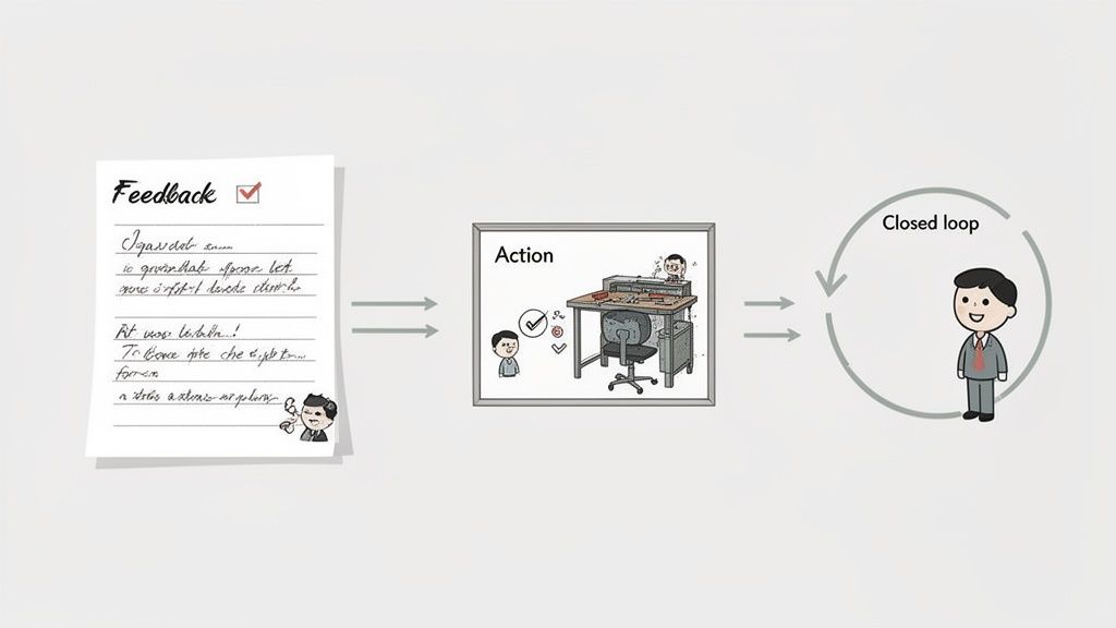 Illustrative diagram demonstrating a feedback loop: feedback, action, and continuous improvement.