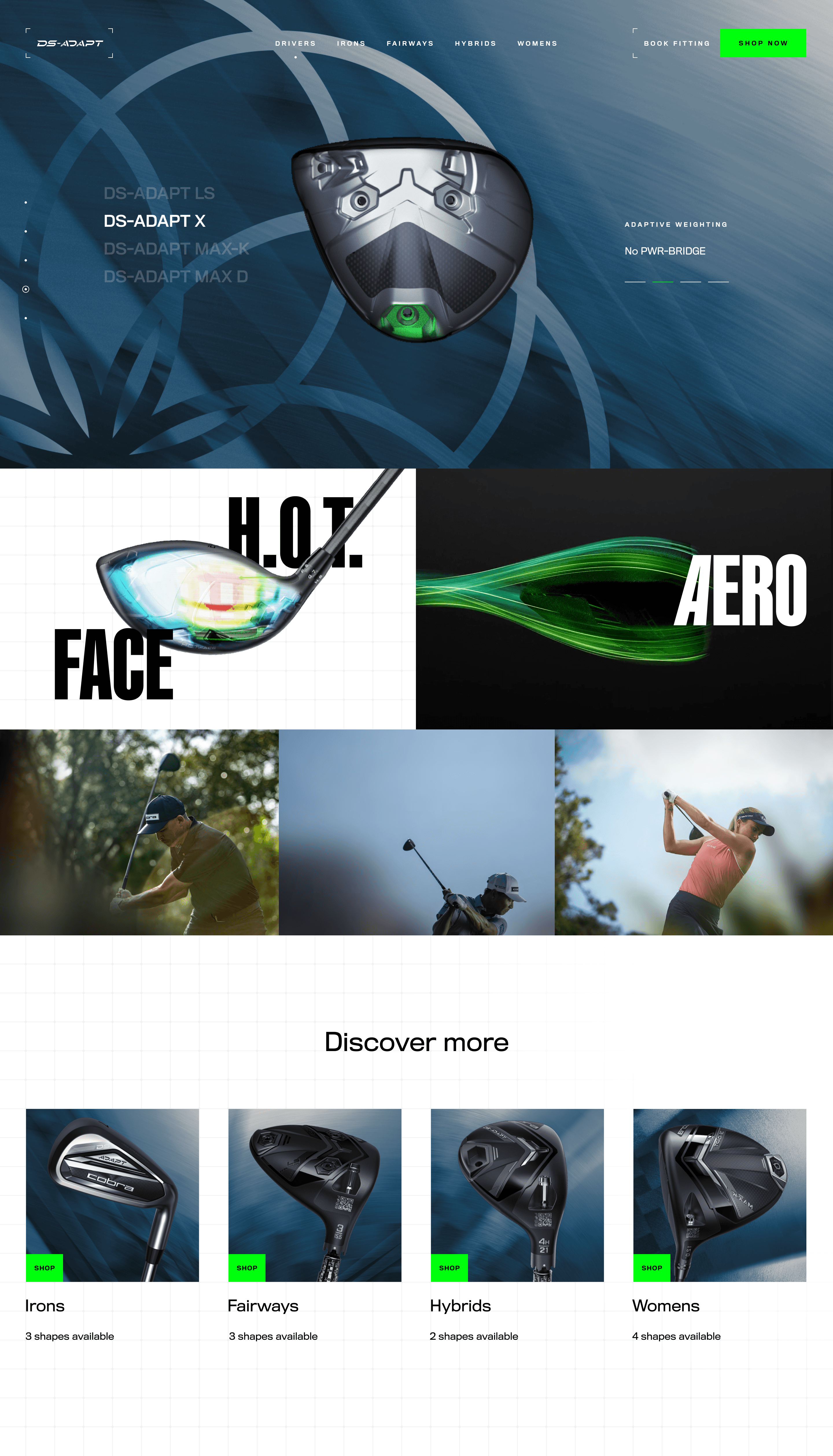 COBRA Golf DS-Adapt adaptive weighting, technology, gallery, and interlinking.