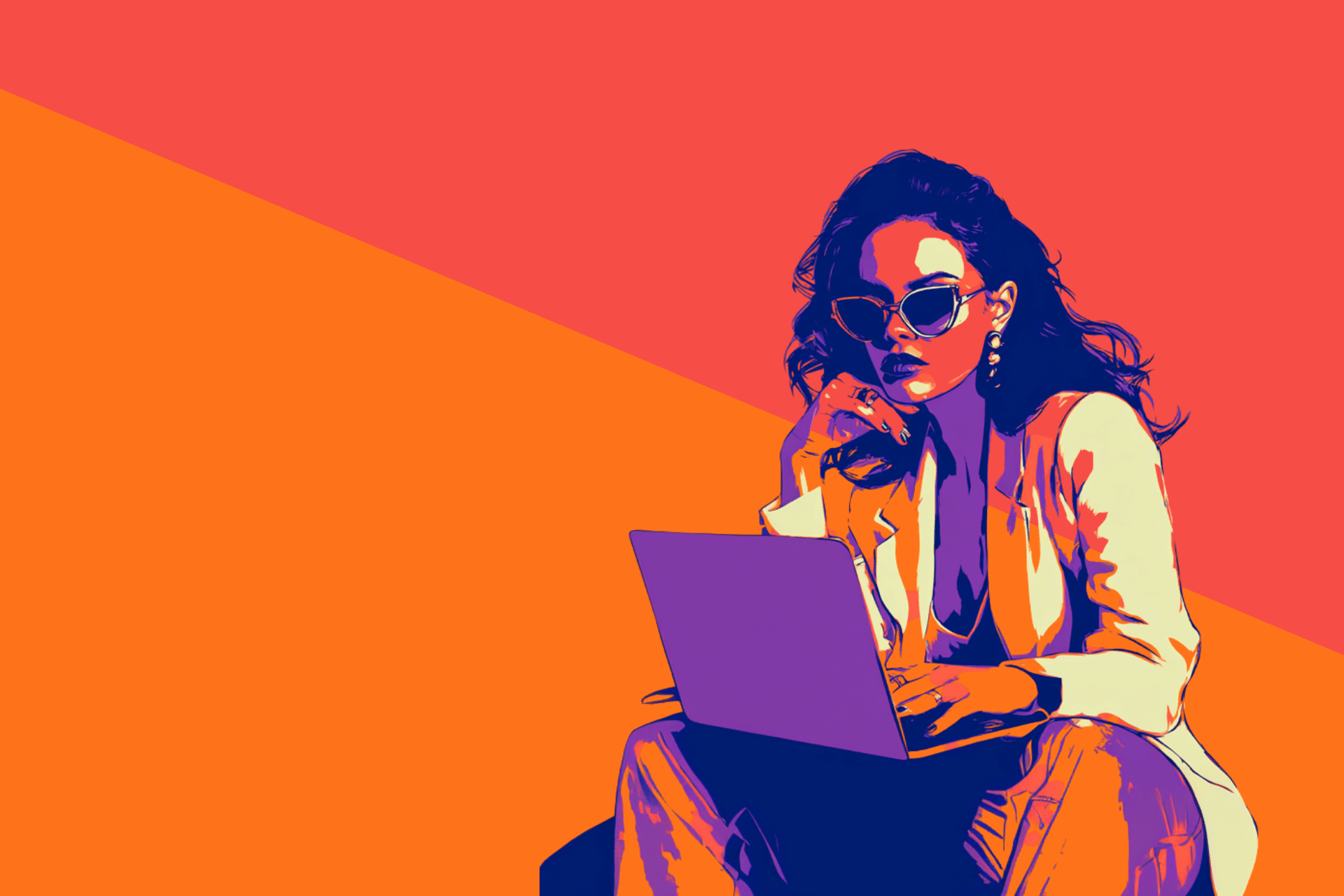 A person wearing glasses and a dark sweater sits at a desk, smiling and giving a thumbs up, with a laptop open in front of them, and a framed abstract painting hanging on the wall behind.