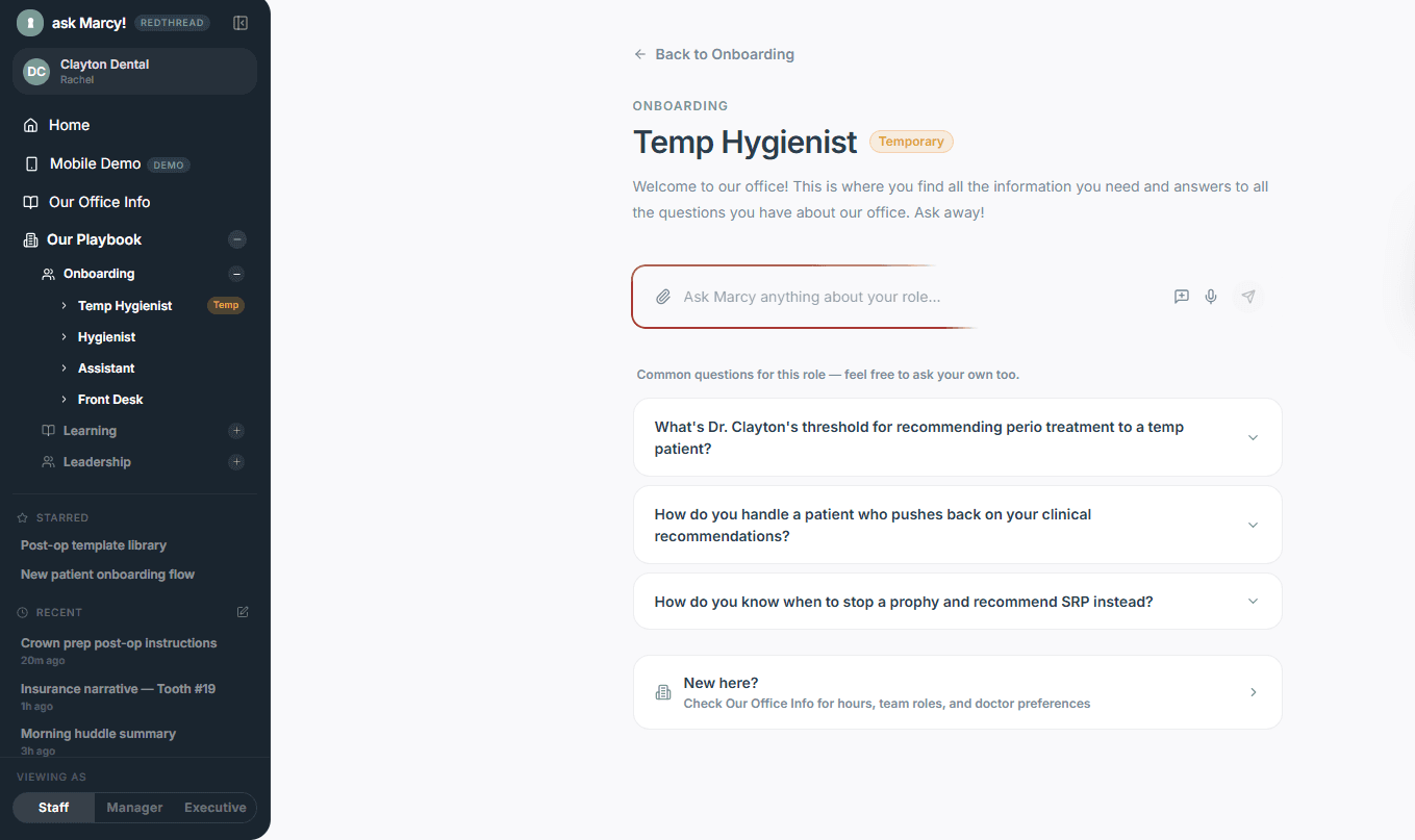 Temporary hygienist onboarding product screen