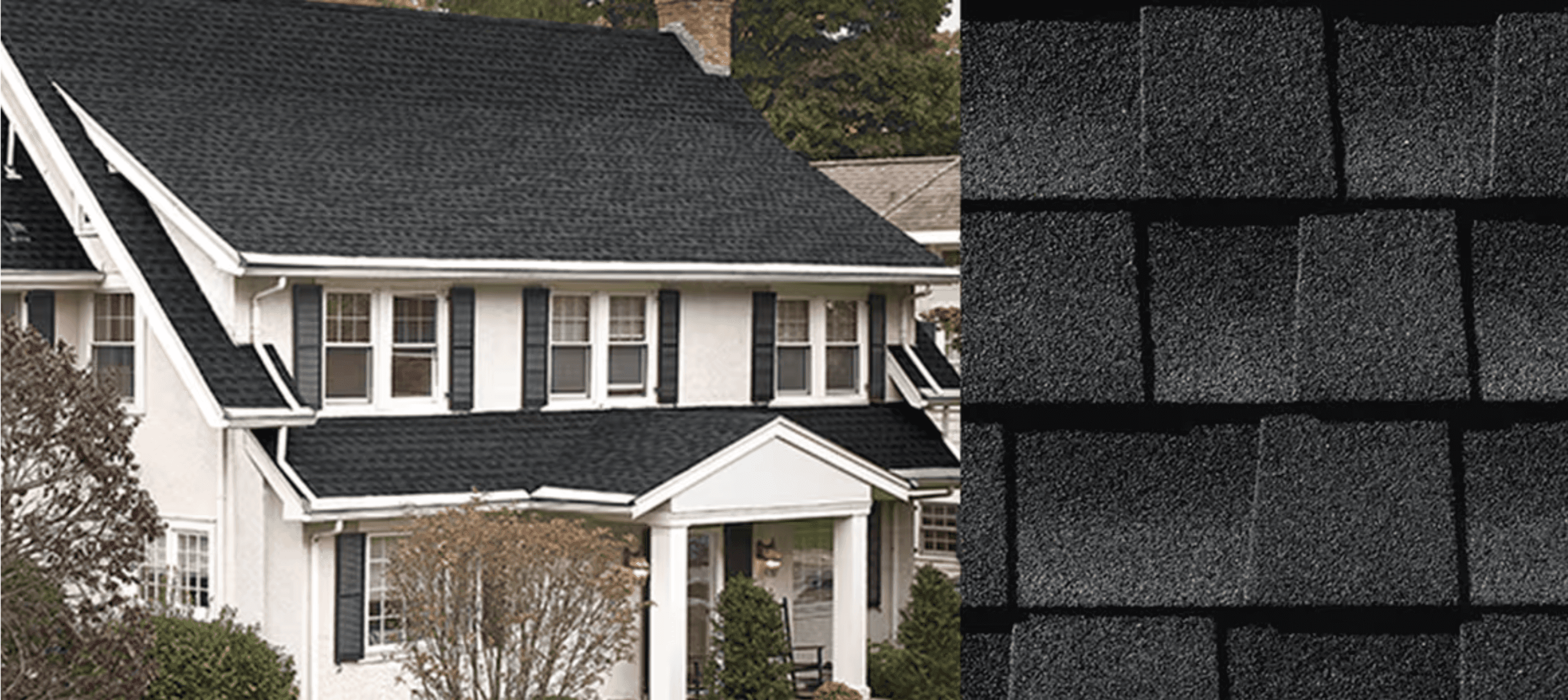 Combined beauty shot and swatch for GAF Timberline HDZ Charcoal shingles.