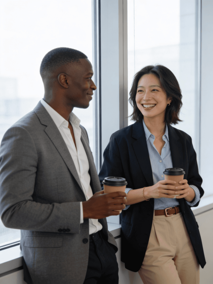 Two colleagues in discussion at a meeting