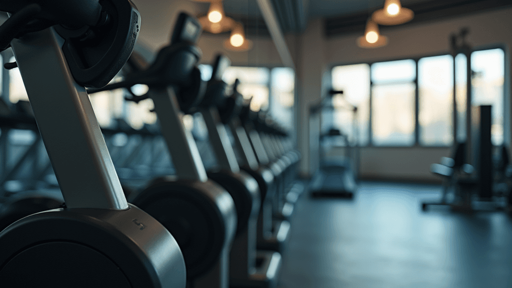 Close-up view of gym equipment arranged neatly in a fitness centre