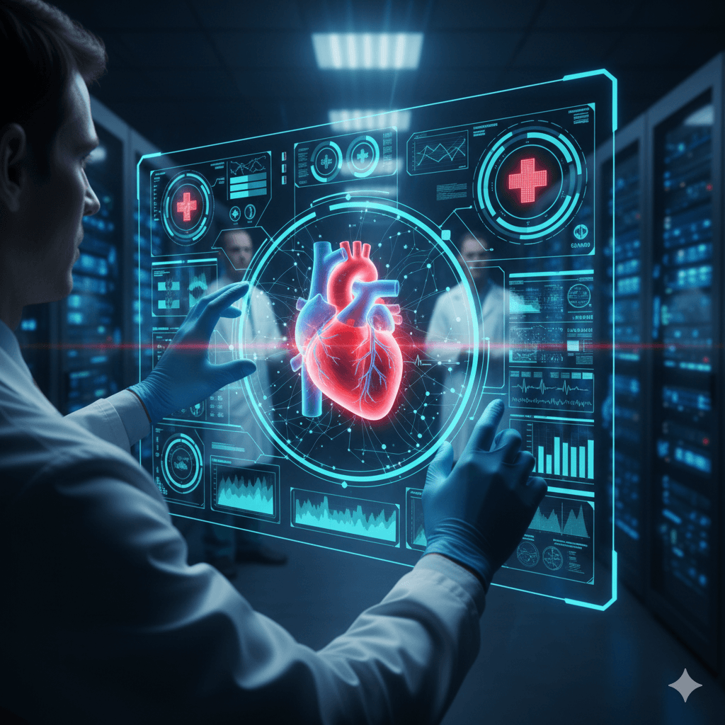 Male doctor in a lab coat and blue gloves interacting with a large holographic screen displaying a glowing 3D human heart and complex diagnostic data charts in a dark, high-tech server room.