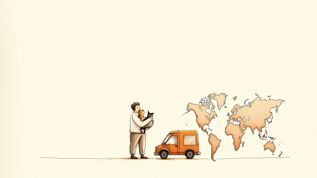 A person holding two cats stands by a delivery van with a world map, symbolizing global pet relocation.