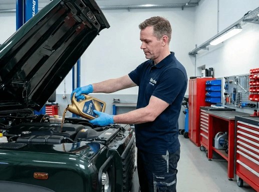 Mechanic pouring oil into a car engine in a garage.