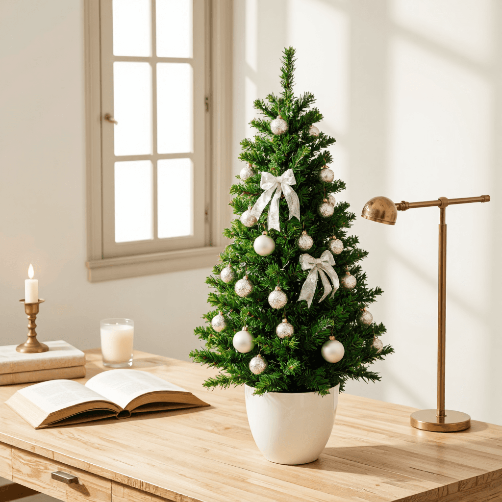 product photography of a small decorative Christmas tree with ornaments