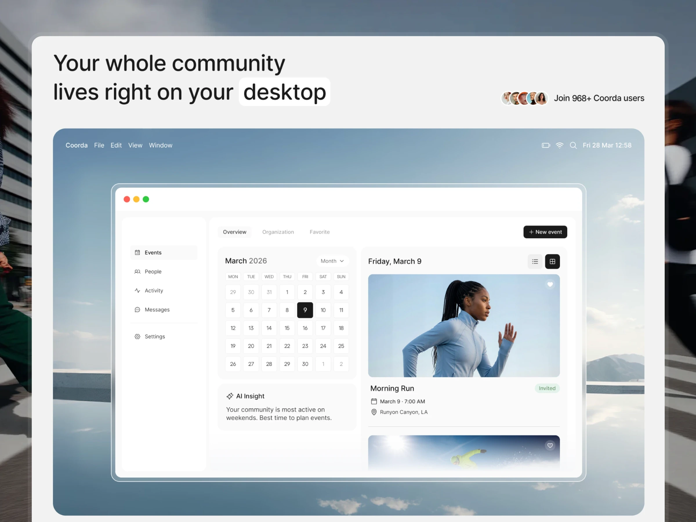 Coorda macOS desktop app showcase section with calendar interface and AI insights
