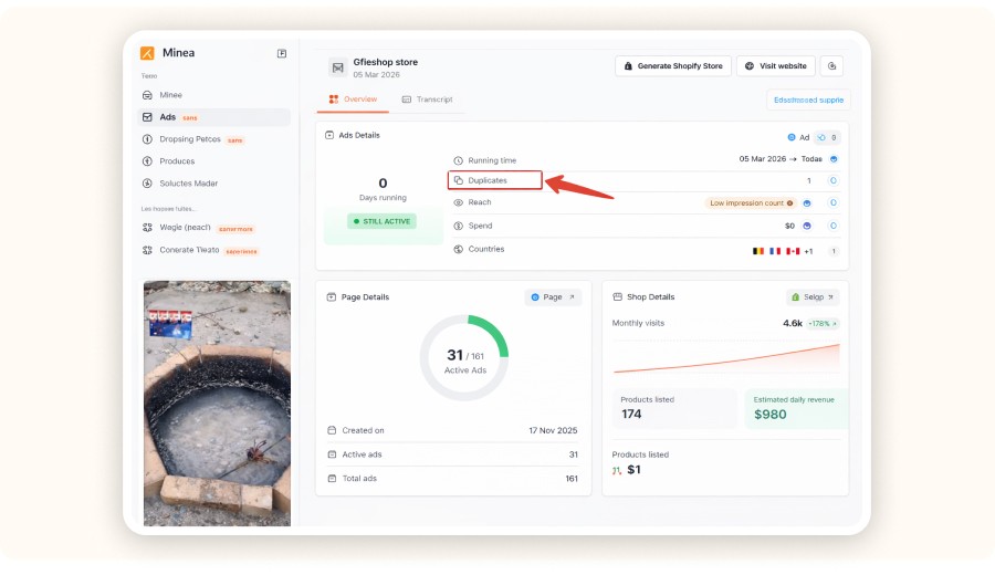 Tableau Minea analyse publicité ecommerce avec flèche rouge sur duplicates.