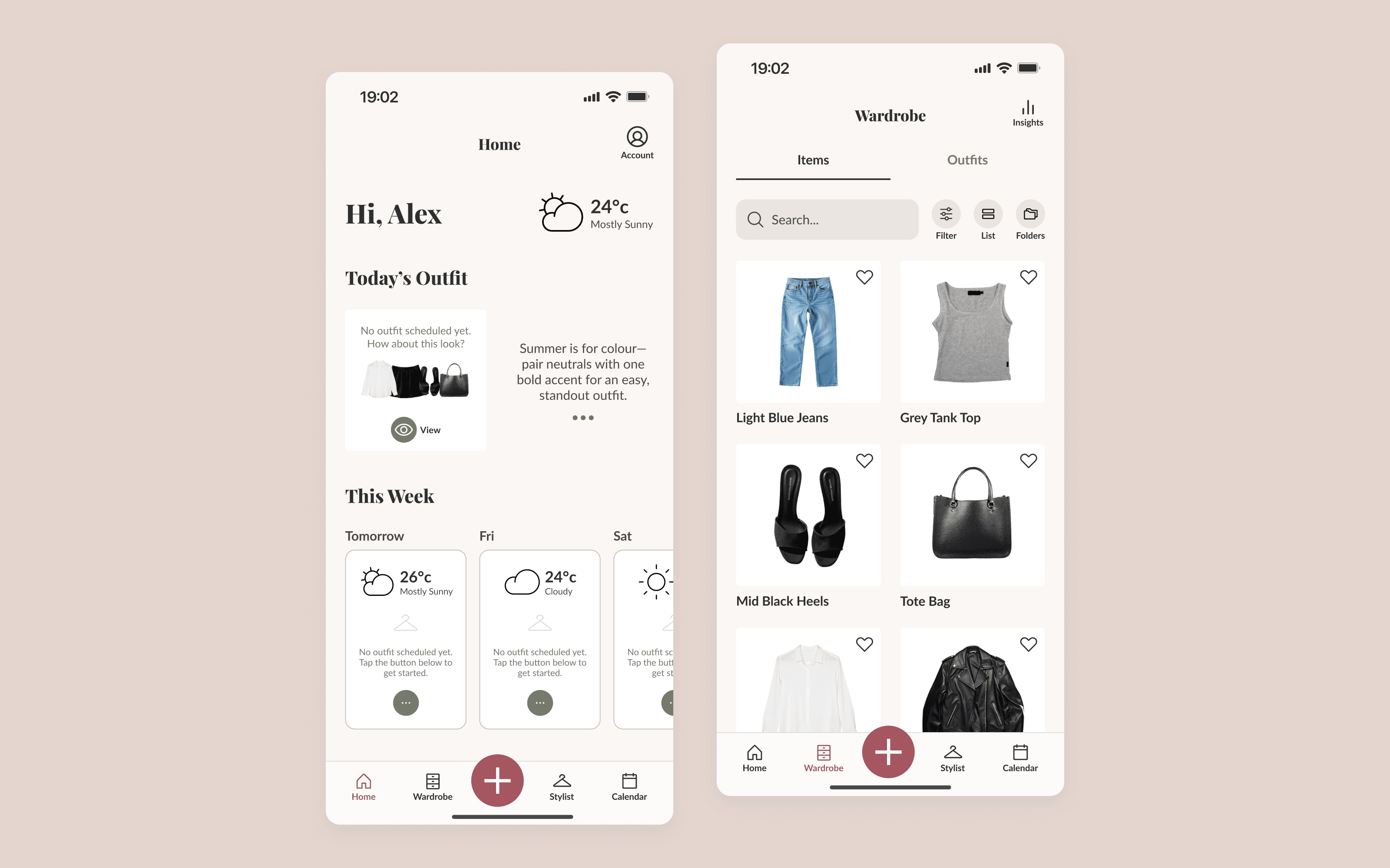 Home and Wardrobe screens