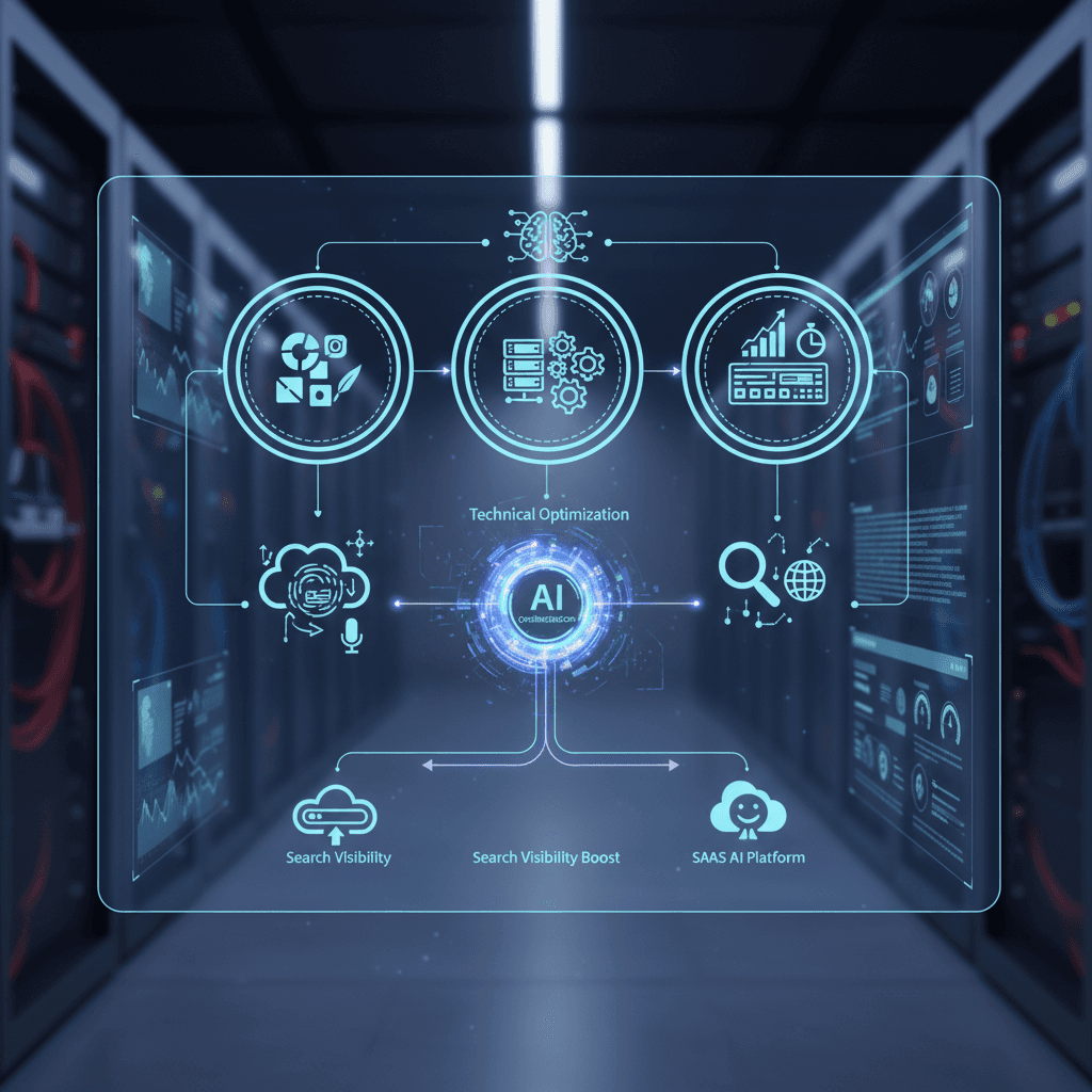 SaaS AI search visibility automation workflow showing content creation and technical optimization processes