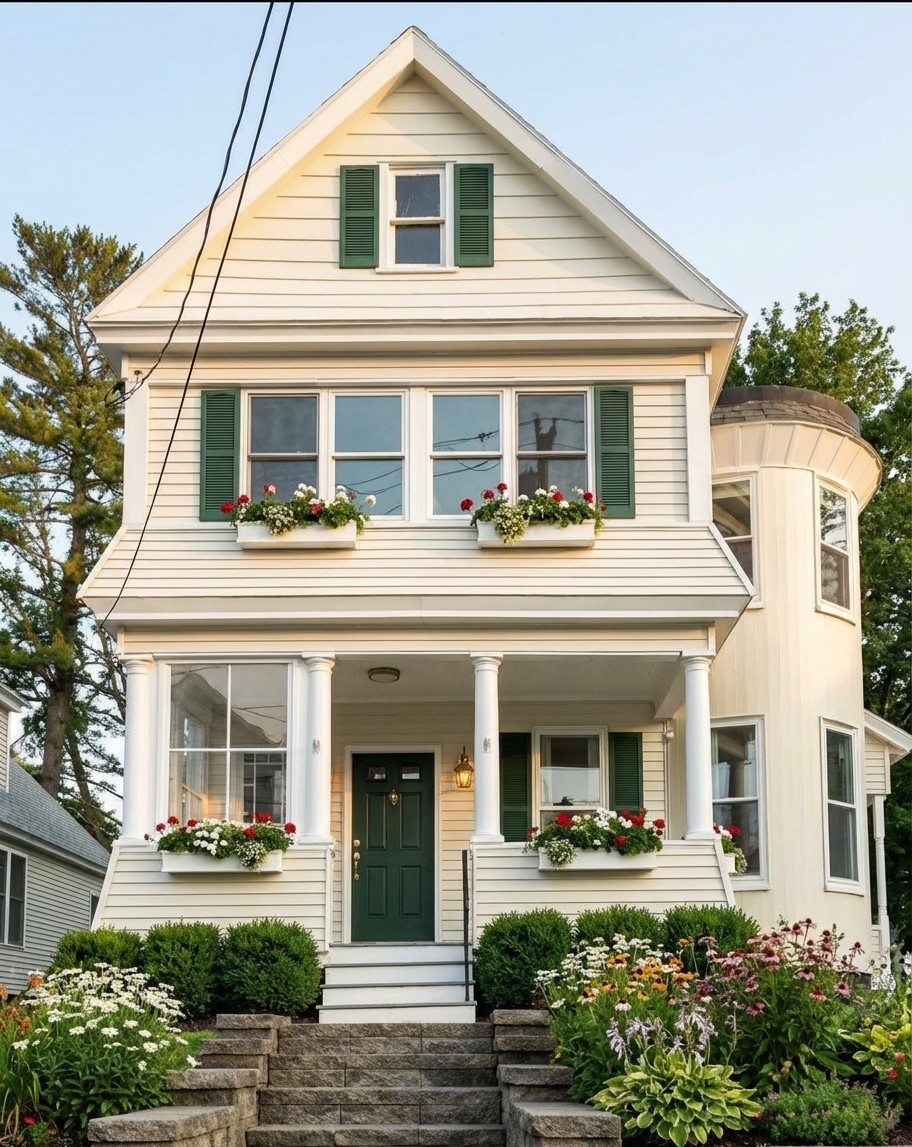 Cream siding with forest green shutters, window boxes with geraniums, and lush foundation plantings