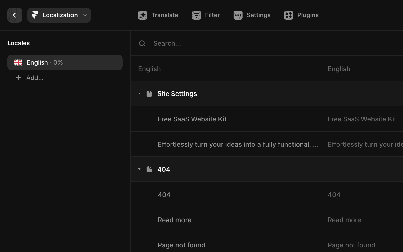Framer 的本地化界面，显示本地化面板中当前语种为英语（完成度 0%），下方有“添加...”按钮。右侧为翻译表格，左列为英文源文本，右列为目标语言列。内容区域可见站点设置和 404 页面部分，顶部工具栏包含翻译、筛选、设置和插件的导航选项。