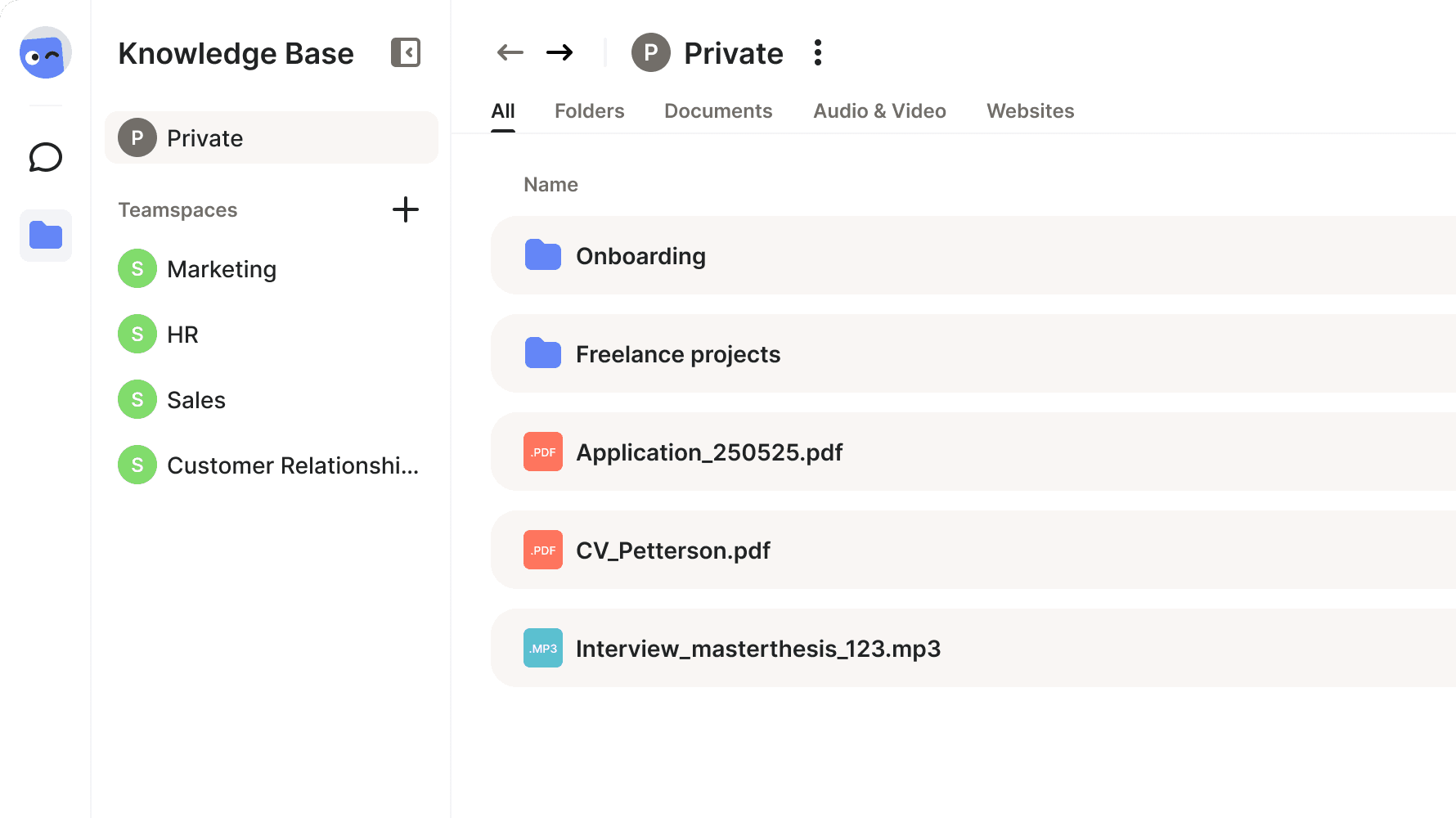 Example view of fictive folders within the winkk AI knowledge base.