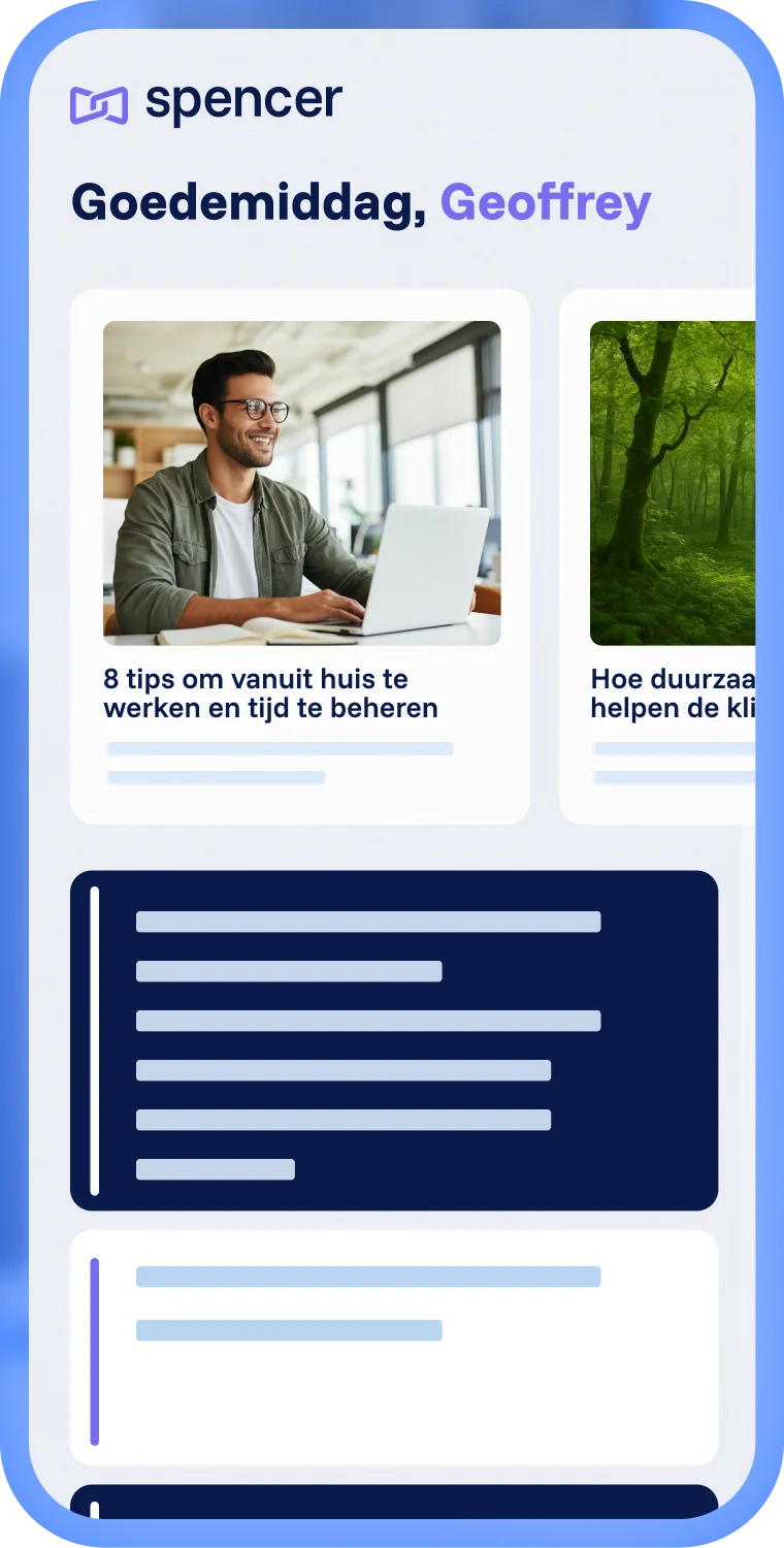Spencer Mobiel app voor Interne communicatie met artikel preview, persoonlijke aanspreking en overzicht van interne updates